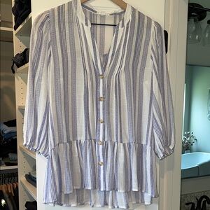 Blu Pepper White and Blue Striped Peplum Button-Front Blouse
